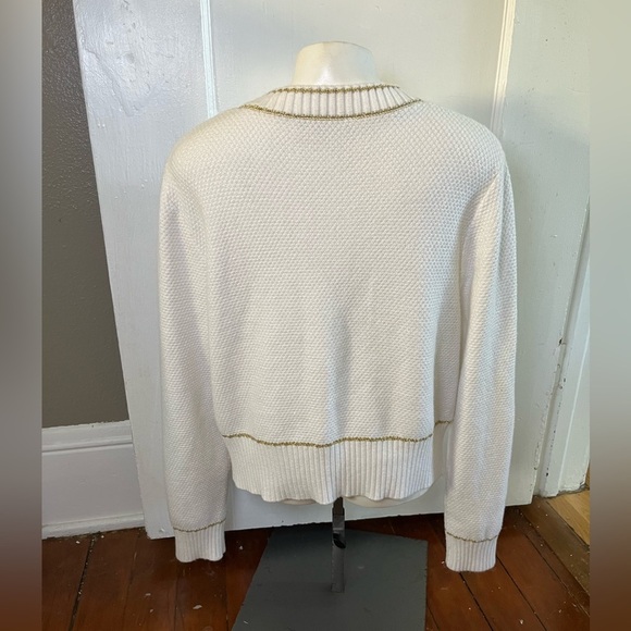Adrianna Papell Metallic Stripe Waffle Knit Crop Cardigan Ivory Gold Size L - Picture 5 of 13